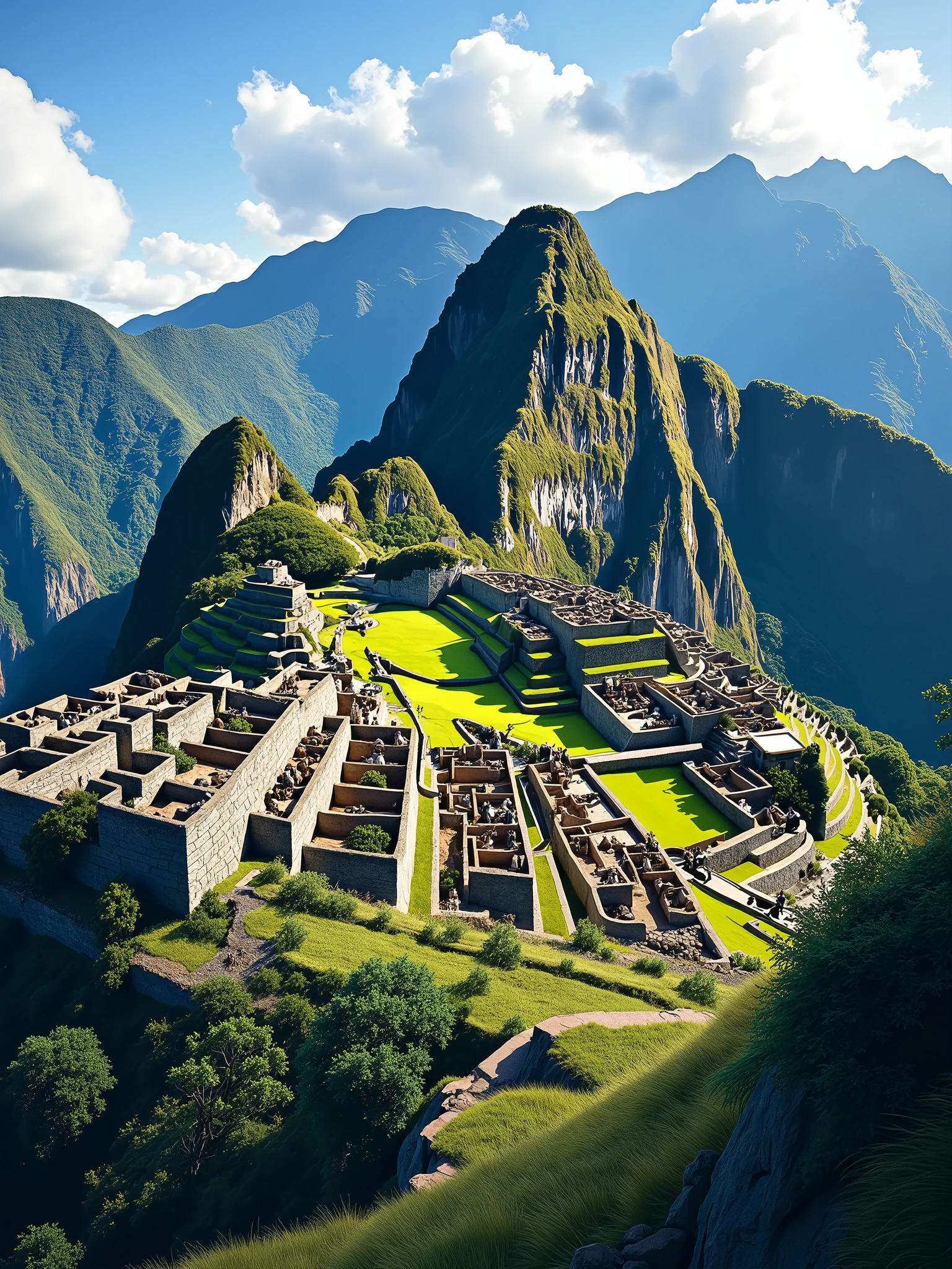 visualizing the city of Machu Picchu, from Paris, extraordinary landscape, quite a lot of natural jungle, realistic illustration