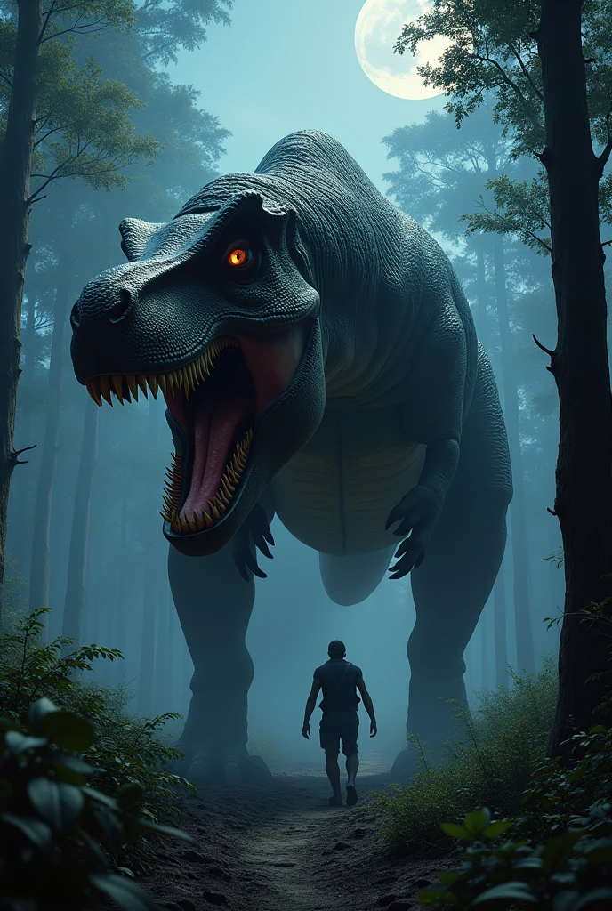 Tyrannosaurus Rex in the African forest at night in front of a man 