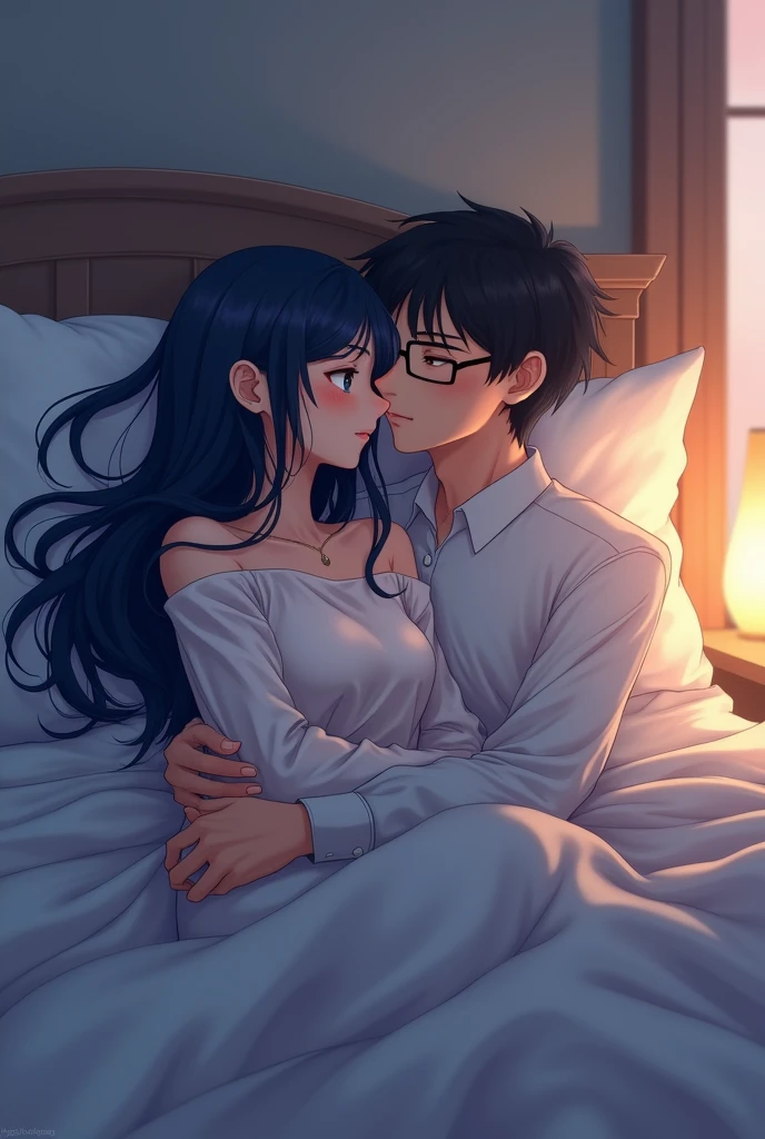 Anime drawing of a woman with long navy blue hair, waking up in bed with a man with short black hair wearing glasses