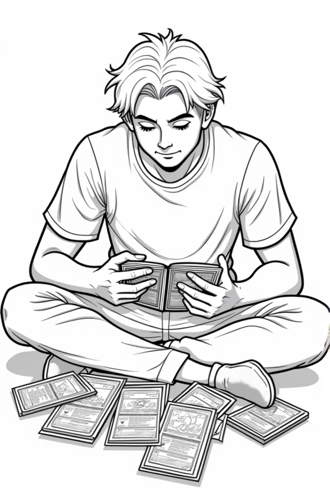 Coloring page of a man sitting with pokemon cards