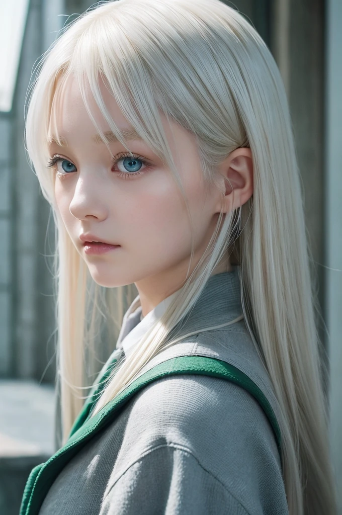 Straight platinum blonde hair down to her shoulder blades、Bangs are at eyebrow line、Large, double-lidded, blue-gray eyes、、Fair skin and childlike face、Wearing the Slytherin house uniform from Harry Potter、A girl who looks like Draco Malfoy、Young