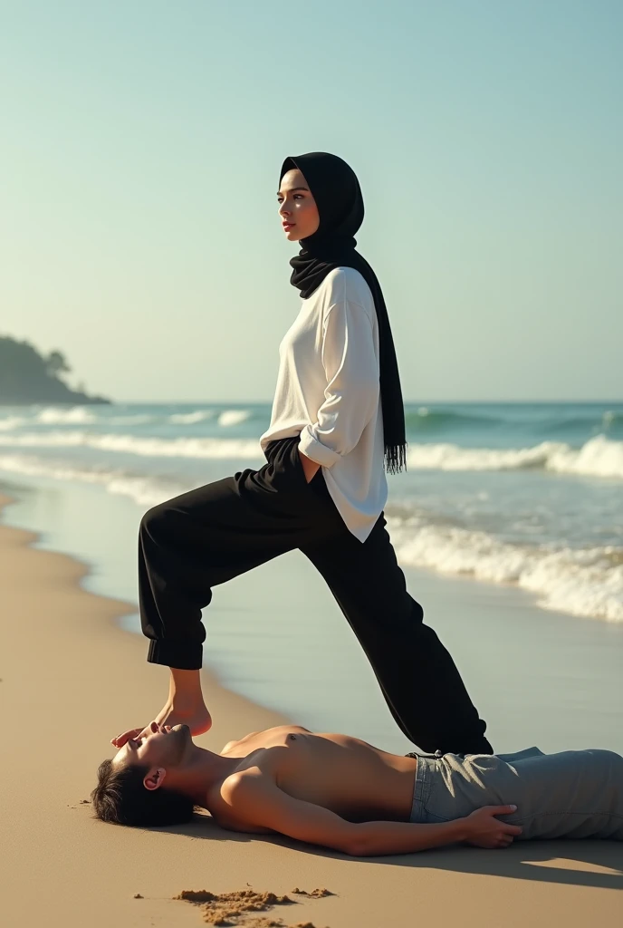 Black headscarf on the beach, black baggy sweatpants, white long sleeve t shirt, barefoot, sexy and skinny woman. Man lying on his stomach in front of woman. Woman puts her foot on the front of man's pants.