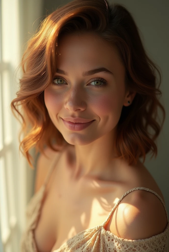 soft lighting, dreamlike ambiance, adorable smile, sparkling eyes, rosy cheeks, look into camera, (Solo 26yr old girl, little chubby, 162 cm height, weight 60 kg, dark chestnut hair, very elongated square haircut, chest 84 cm, waist 66 cm, hips 95 cm, ribcage 76 cm, 75AA size breasts, Ukrainian ethnic,body shape is a pear, slightly chubby face, round face form, beautiful light green colored eyes):1.5, Отблеск от линзы, Шедевр, Реалистичная анатомия, (35mm, ISO50, f/0.8L lens)