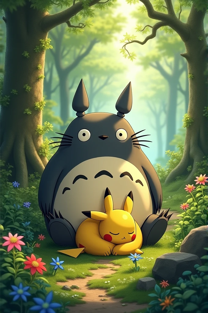 "Create an image of Totoro and Pikachu relaxing together in a lush, green forest. Totoro is sitting peacefully with a gentle smile, while Pikachu is curled up and sleeping on Totoro's large, fluffy belly. The scene should have a serene and whimsical atmosphere, with sunlight filtering through the trees, casting a warm glow. The forest is dense with tall trees, moss-covered rocks, and a variety of vibrant plants and flowers, adding to the magical feel of the setting."