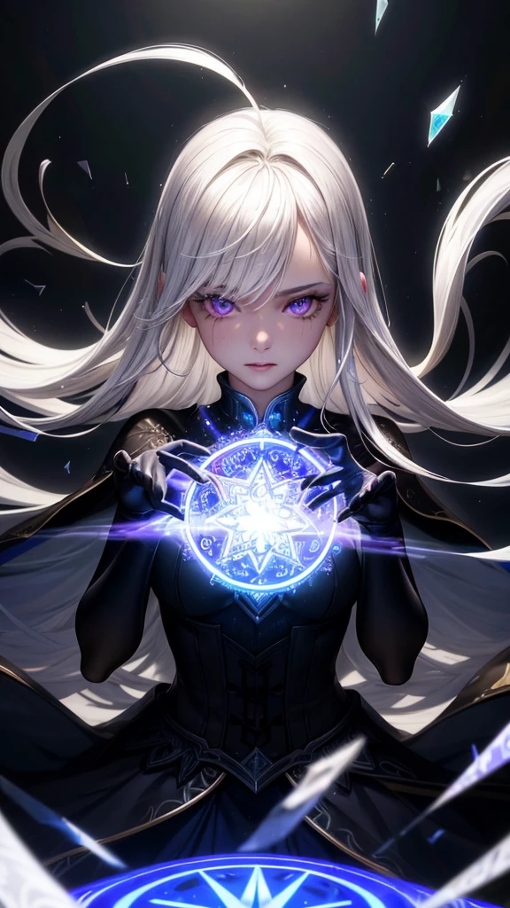 (masterpiece, best quality, ultra-detailed, best shadow), (detailed background,dark fantasy), (beautiful detailed face), high contrast, (best illumination, an extremely delicate and beautiful), ((cinematic light)), colorful, hyper detail, dramatic light, intricate details, (1girl, solo,white hair, sharp face,purple eyes, hair between eyes,dynamic angle), blood splatter, swirling black light around the character, depth of field,black light particles,(broken glass),magic circle,