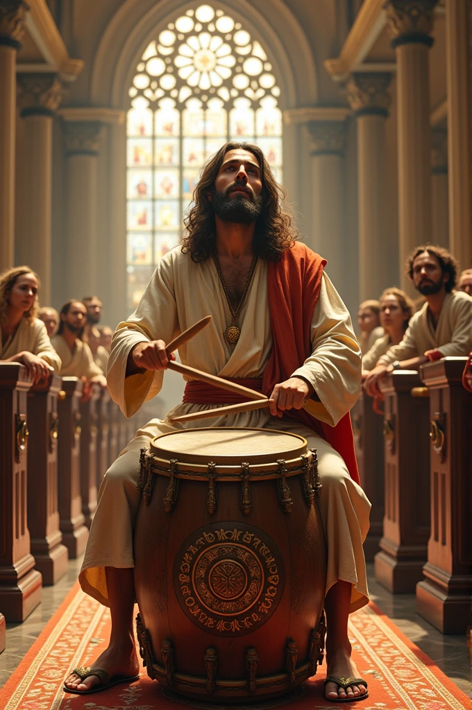 Image of Jesus playing drums in a church 