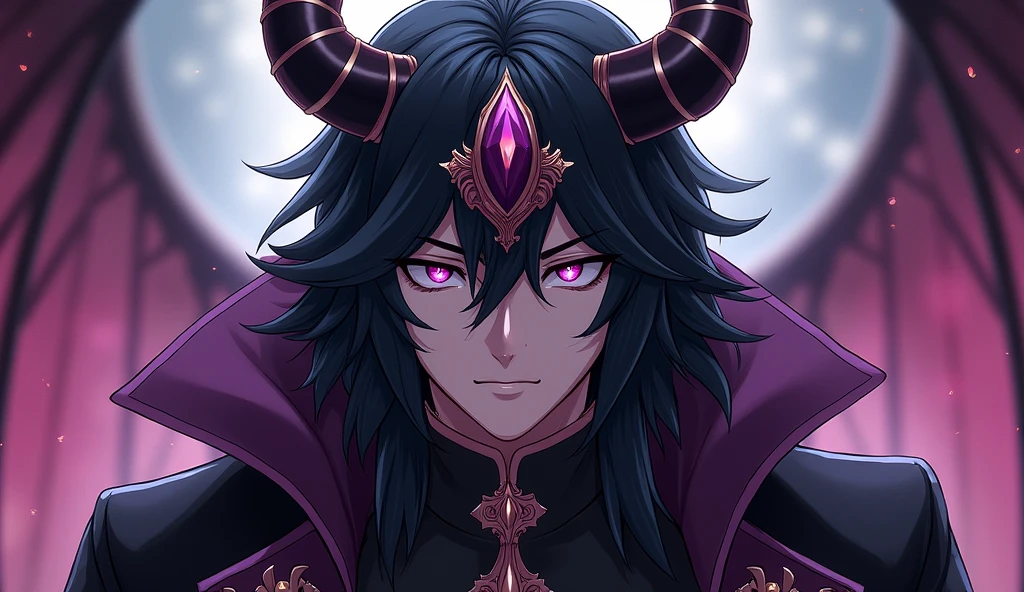 ((Highest quality)), ((masterpiece)), (detailed),The outfit has the dignity of a king of the demon world.、male、Black Hair、Purple Eyes、威厳があるかっこいいmale、Anime Style、Hand-drawn drawing、Demon King's Hair Ornament、