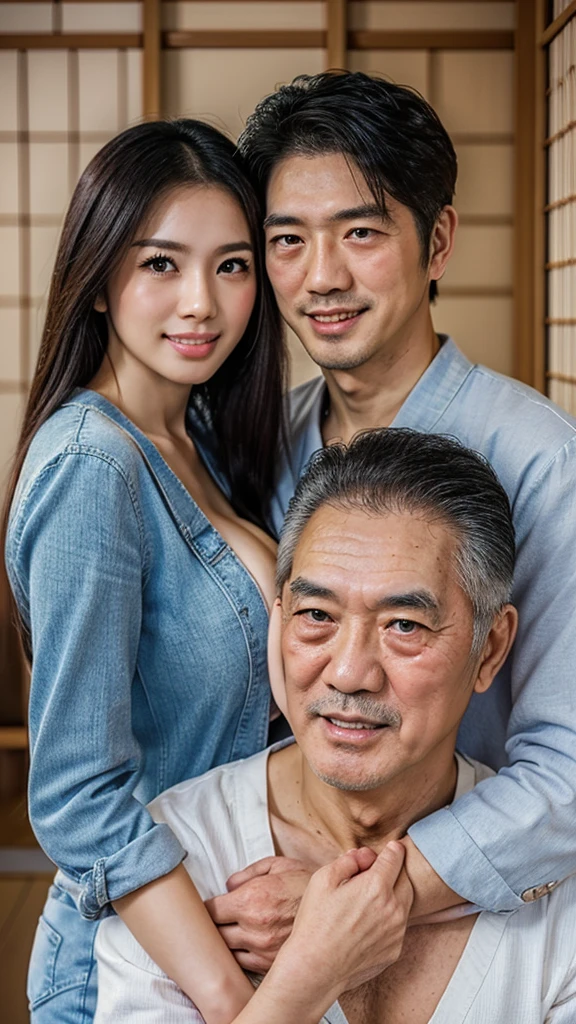 3beautiful women,smile,High resolution、High level image quality,pregnant、high detail、masterpiece、realistic skin,、rough skitomically correct)、(two men and women standing together)、((2 Japanese cute big breasted 、7 Japanese male grandfather)）、((whole body_from head to foot))、one&#39;s home、Breast skin is not visible