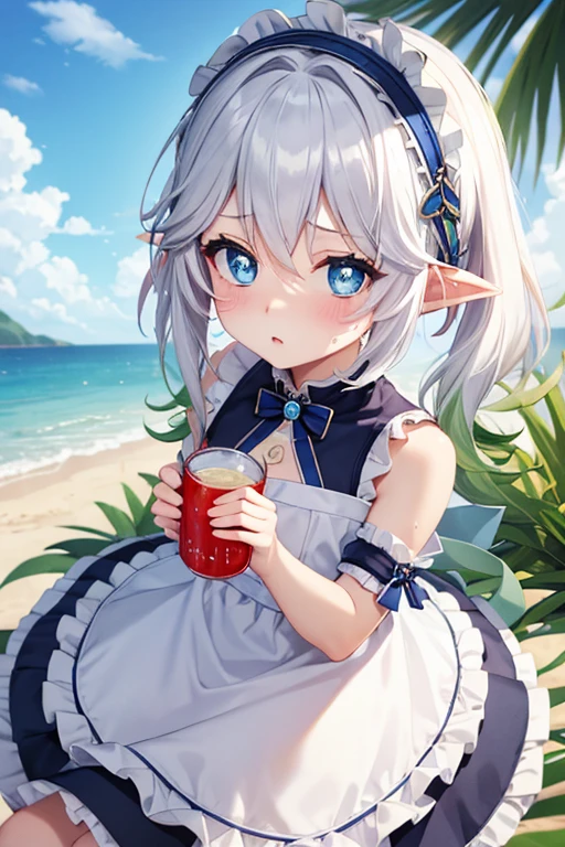 Bob Hair、White Hair、woman１name、Blue Eyes、、Navy blue maid outfit、White maid headband、Elf Ears、low length、Flat chest、Drinking canned juice、Beach、Sweat、Blue sky