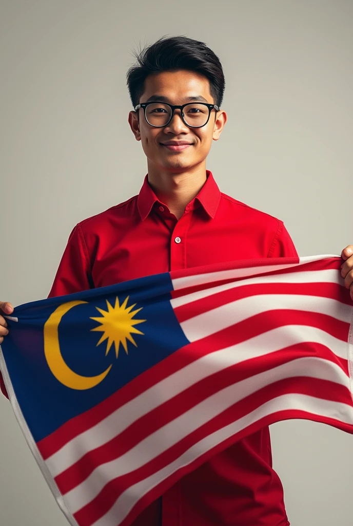 A malaysian boy with spectacles, thin, wearing blue malay cloth, holding malaysia flag with a happy proud face, celebrating malaysia independence day in front of alor setar tower