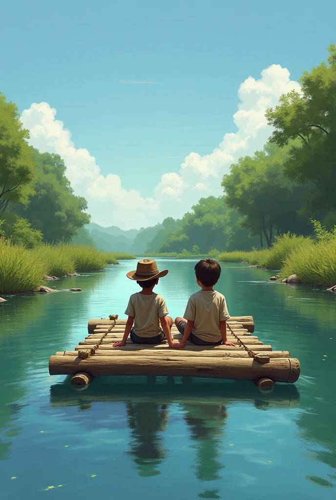 "Create a scene where Tom and Huck are floating down the river on a raft. Tom and Huck are two boys in simple clothing. Tom wears a hat, and Huck is in a dirty t-shirt. The raft is made of wooden logs, and they are sitting on it, looking out into the distance. The river is surrounded by green trees and bushes, with a clear blue sky. The atmosphere is adventurous and joyful."