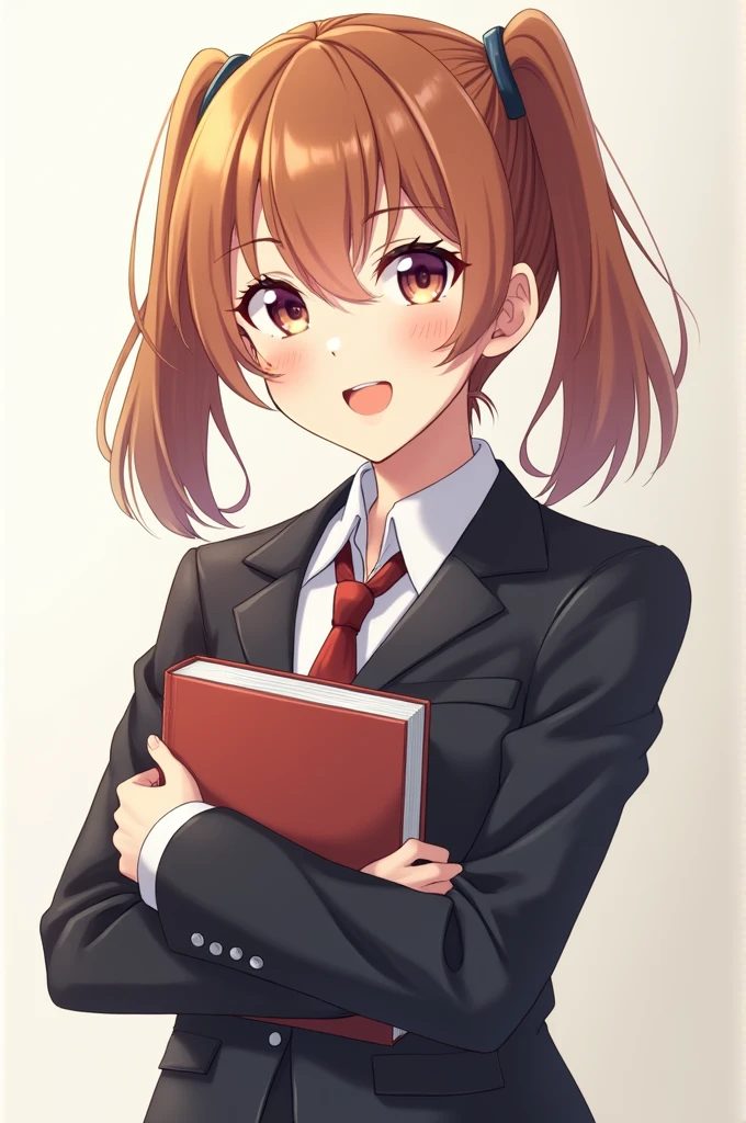 Anime girl in suit. She has brune hair and ponytails. She is smiling and has a book in her hand.