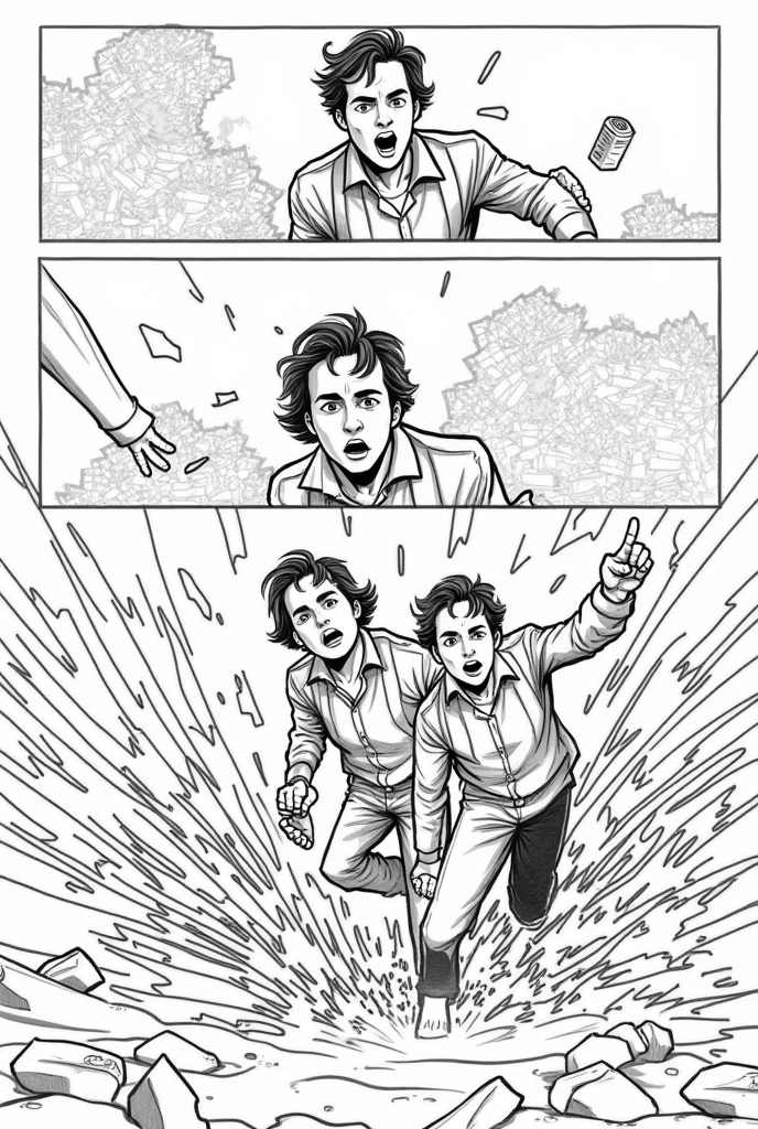 Draw a very simple hand drawing of a storyboard of this story in black and white, write the incident ongoing under each drawing 
Scene 4: Building Escape*
- A Wide shot of a collapsing building
- 
- Action: A man and a woman escape a collapsing building and dodging debris
- 
- A close-up shot of a man and a woman showing their faces their fear and adrenaline