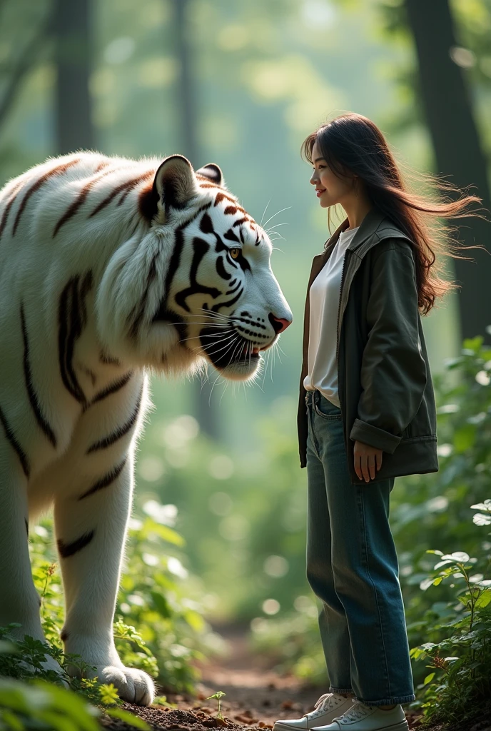 1 beautiful Korean adult woman,smile,long hair blowing in the wind.very beauty face woman,wear a t-shirt,jacket,and long jeans velana.white shoes.perfect picture. Seeing each other giant tigers in the forest, very big white tiger, front look, facial details.
