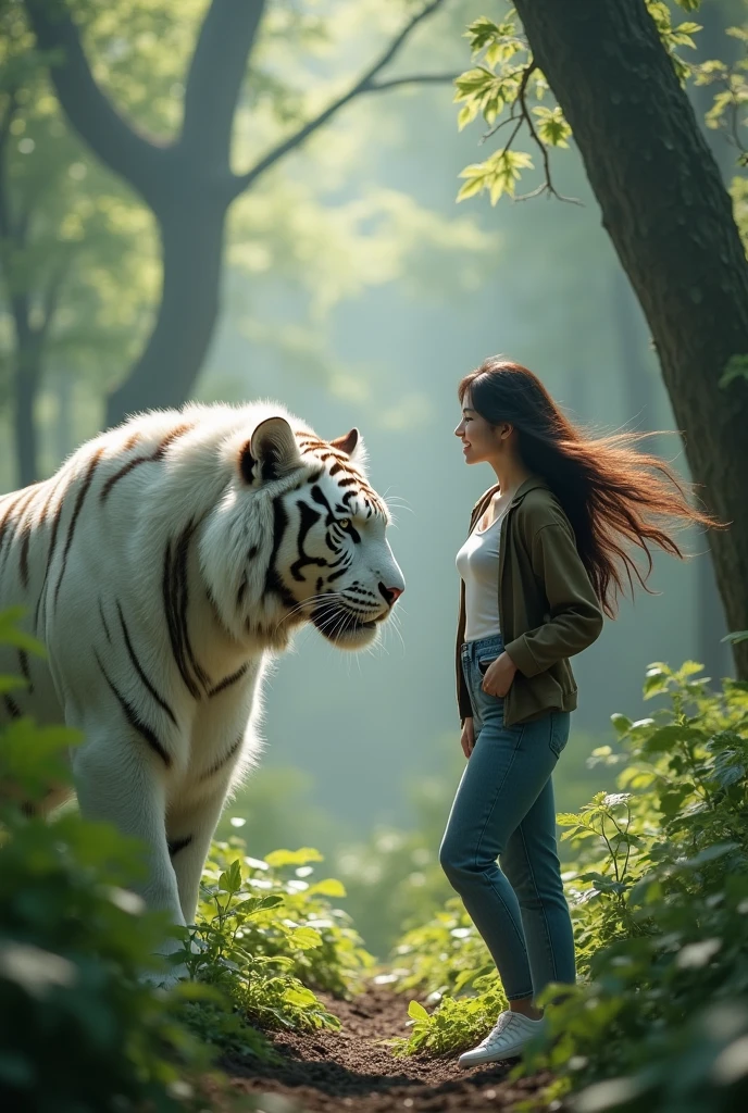 1 beautiful Korean adult woman,smile,long hair blowing in the wind.very beauty face woman,wear a t-shirt,jacket,and long jeans velana.white shoes.perfect picture. Seeing each other giant tigers in the forest, very big white tiger, front look, facial details.
