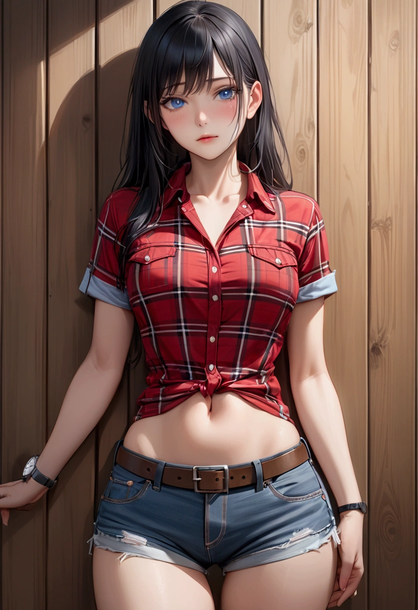 Woman with long black hair, blue eyes, An athletic body, Red plaid tight short sleeve cowgirl shirt, watch, Navel exposed, Denim hot pants, Brown belt with square buckle, Stand up straight, Drunk,In front of a wooden wall,Front view,Cowboy Shot,16K, Highest quality, masterpiece, Realistic, detailed