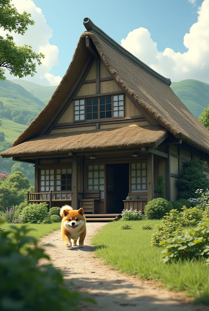 Japan、Thatched roof farm house、A Shiba Inu puppy in the garden、High resolution, masterpiece, Highest quality, High-resolution model, Very detailed, movie撮影,movie, movie撮影,