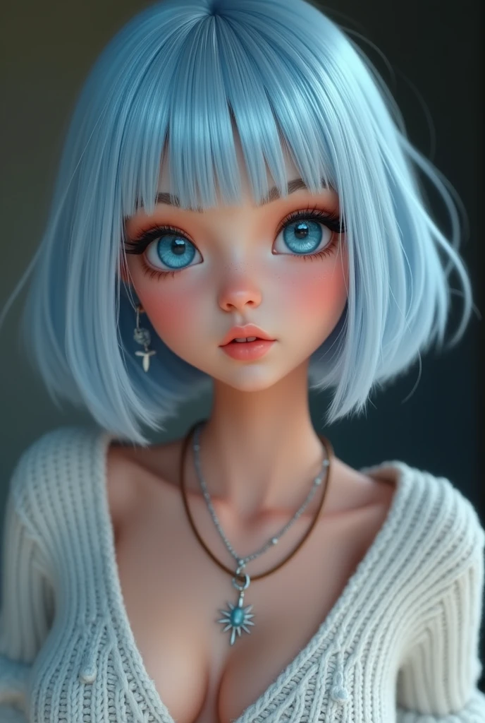 (Highest quality, 8k, 32K, masterpiece, Ultra-high resolution:1.2),Cute 1 American woman image, Large Breasts, Very short bob hair,Upper Body,Face Focus,(Extra Large_sweater,:1.1) necklace, background, View your viewers, Leaning forward, (((Silver streaks in blue hair))), (((Bright light blue eyes))) (((Award-winning details)) ((Avatar makeup and pop star clothing)))