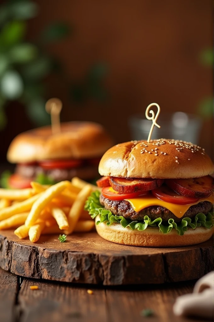 A cozy, inviting photo of a juicy burger and grilled sandwich on a wooden plate or board, with a warm and earthy tone. The burger could be placed on a soft bun, with melted cheese and fresh veggies. The grilled sandwich could be positioned next to it, with a side of crispy fries