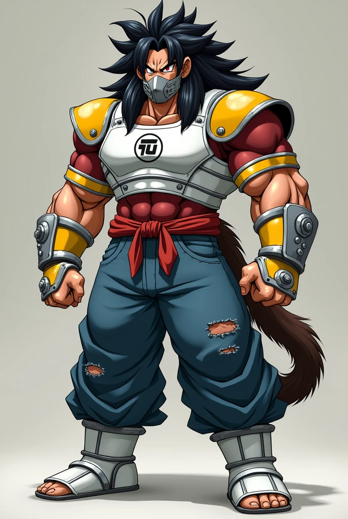 This Saiyan has a gigantic size, both in musculature and height, has no pupils, He has long black hair similar to that of Raditz., with a long lock on his forehead and a brown Saiyan tail.

While imprisoned by Fu he wears a white metallic straitjacket with Fu&#39;s symbol on the torso area., He wears white metal boots with socks of the same color and partially torn blue pants., similar to jeans. He wears a metal muzzle resembling a gas mask., which covers the entire area of your mouth.

When released from the straitjacket, It is revealed that Cumber has red iris eyes with black pupils and has a scar on his cheek.. He wears a tight red shirt with torn sleeves., A red cloth ribbon on his waist and he wears yellow and silver metal shoulder pads and wristbands with three screws on his shoulders and wrists respectively.. Still released, still using a muzzle.
