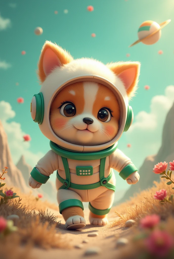 Puppy in astronaut suit with green details, fluffly, studios Ghibli, gram