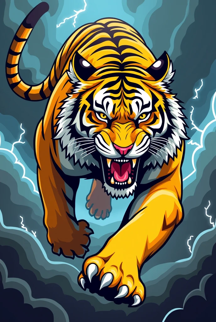 A HIGHLY DETAILED Stylized VECTOR ART yellow tiger, leaping on full of thunder in front of it, vector art