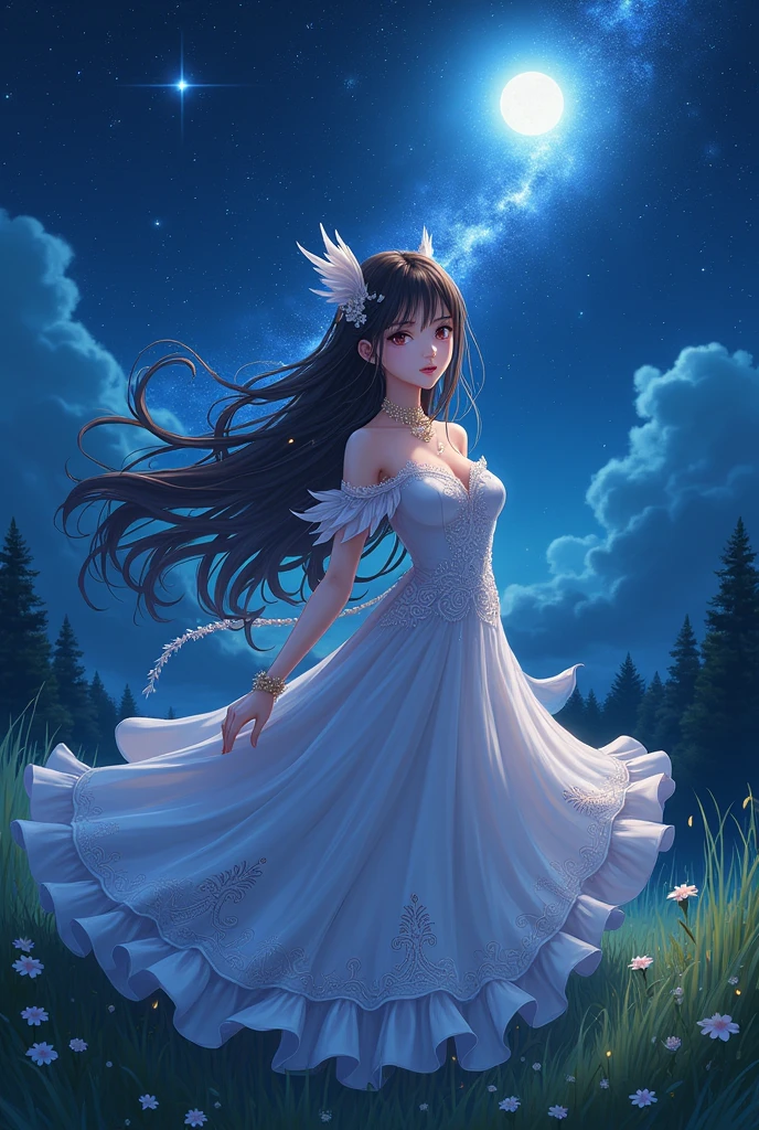 (masterpiece、Highest quality、8k、High resolution)、1 female、(Beautiful Face、Beautiful Face)、Beautiful Eyes、Beautiful Lips、Beautiful Nose、Brownish black hair、(The best girl in anime)、Grassland with a forest view、A bright night with the stars clearly visible、full moon、milky way、Mysterious light particles from the whole body、Colorful light particles、A mysterious light shining around your head、melt、jewelry、necklace、dress、(Beautiful full body style)、Highly detailed anime art、A complete portrayal、