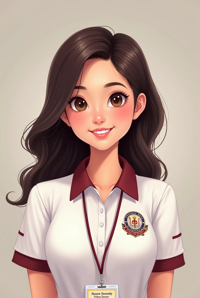 Beautiful lady wearing a white polo shirt with a touch of maroon with an ENDERUN INTERNATIONAL COLLEGE logo and lanyard with ENDERUN INTERNATIONAL COLLEGE text and an ID (with picture) with a name HAVEN SERENITY FELIZEIANA SUAREZ as the name. Realistic cartoon 