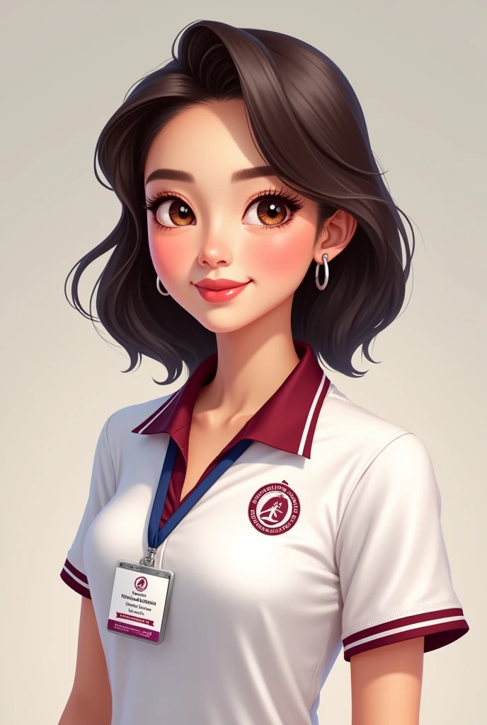 Beautiful lady wearing a white polo shirt with a touch of maroon with an ENDERUN INTERNATIONAL COLLEGE logo and lanyard with ENDERUN INTERNATIONAL COLLEGE text and an ID (with picture) with a name HAVEN SERENITY FELIZEIANA SUAREZ as the name. Realistic cartoon