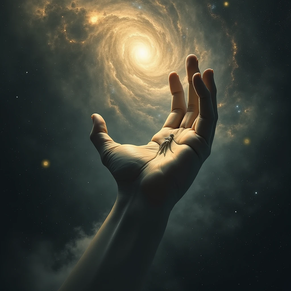 generate an image that refers to the creation of the world according to Genesis with a mysterious and dark tone with a celestial hand sculpting a man
