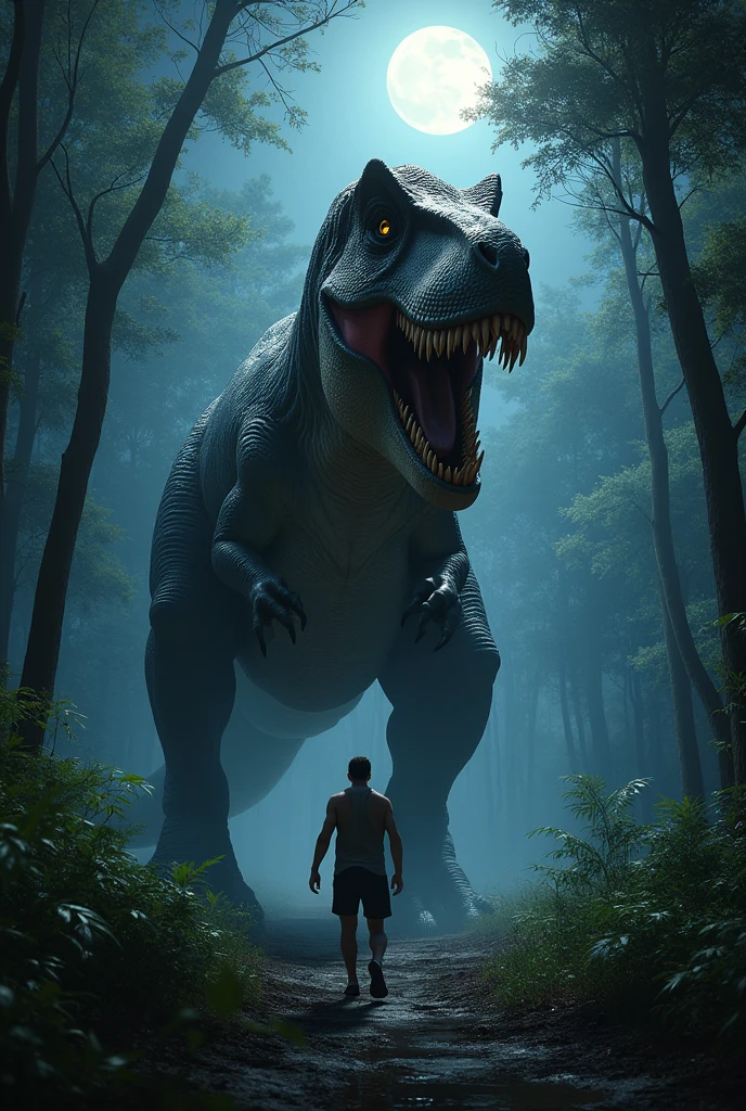 Tyrannosaurus Rex in the African forest at night in front of a man