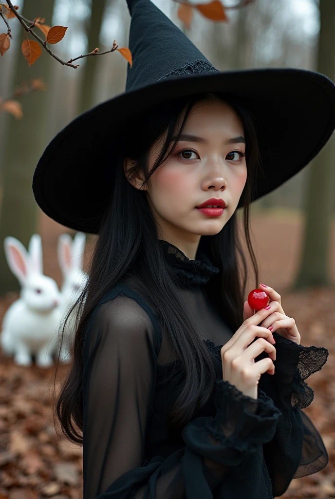 a portrait photo, asian woman, white skin, Big brown eyes, High nose, Red Cupid's bow lips, Pink cheeks, There are 5 fingers., In his hand is a red marble., Wearing a black witch costume, Wear a black witch hat, The background image has trees., Leaves on a brown tree, There are two white long-eared rabbits.