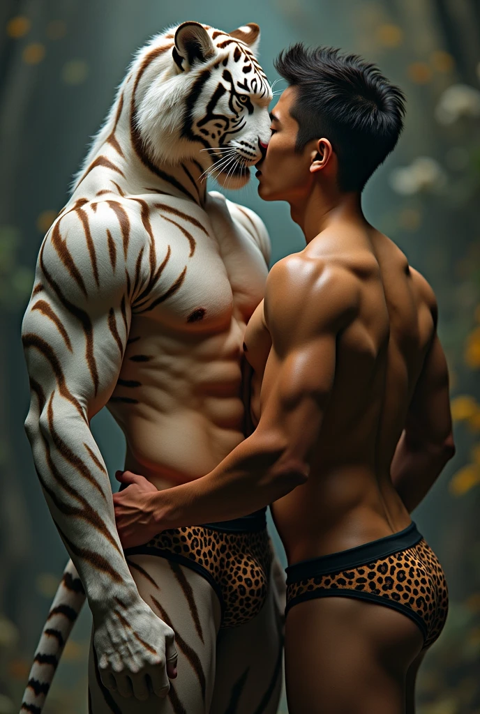 A tiger having a human skin white body and six pack abs , muscular body, wearing a lepord style underwear,  kissing a Japanese gay boy having six pack abs wearing a miltary style underwear 