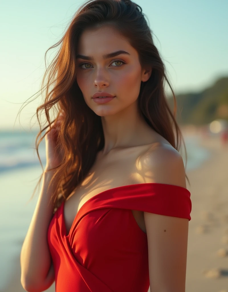 Ultra realistic cinematic soft light and ultra detailed,1girl in, age19, standing different poses, turkish girl, Solo, Long brown hair, Colossal , Looking at Viewer, brown hair, Bare shoulders, Brown eyes, Full body posing shit:2.0, off shoulders, red unique bare shoulder dress, Realistic, A sexy, 4K, max quality, big breasts:1.5, big breast:1.5,  super sharp image, 8K, beautiful pose, playboy model, photo session, red lips, headshot, masterpiece, sex bomb, turkish, detailed body, deep cleavage, sexy swimsuit dress, chewing lips, highly detailed, seducing, seductive,face only, perfect lightening, white skin, good bright lightening, beach, full view:1.9, 