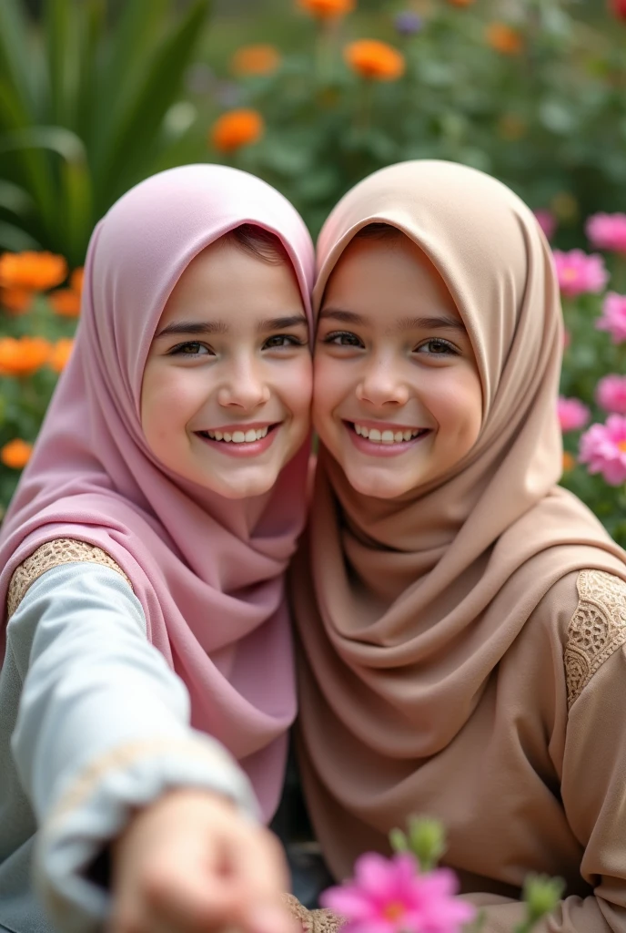 A mother and daughter wearing hijabs take a selfie in a flower garden