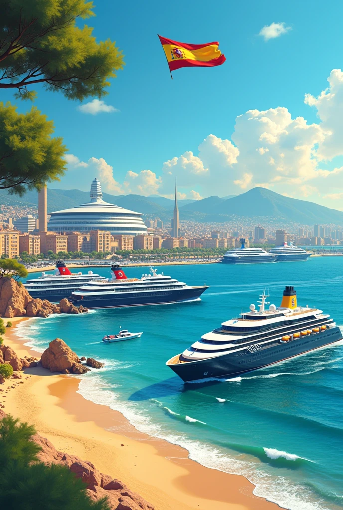 A vibrant scene of a beach in Barcelona, with golden sand and bright blue sea. In the foreground, Several luxury cruise ships are seen anchored near the port. In the background, you can distinguish the characteristic architecture of Barcelona. In a corner of the image, The Spanish flag waves with its red and yellow colors. In the distance, the Camp Nou rises, the famous stadium of FC Barcelona, with its imposing and recognizable structure, that is wider