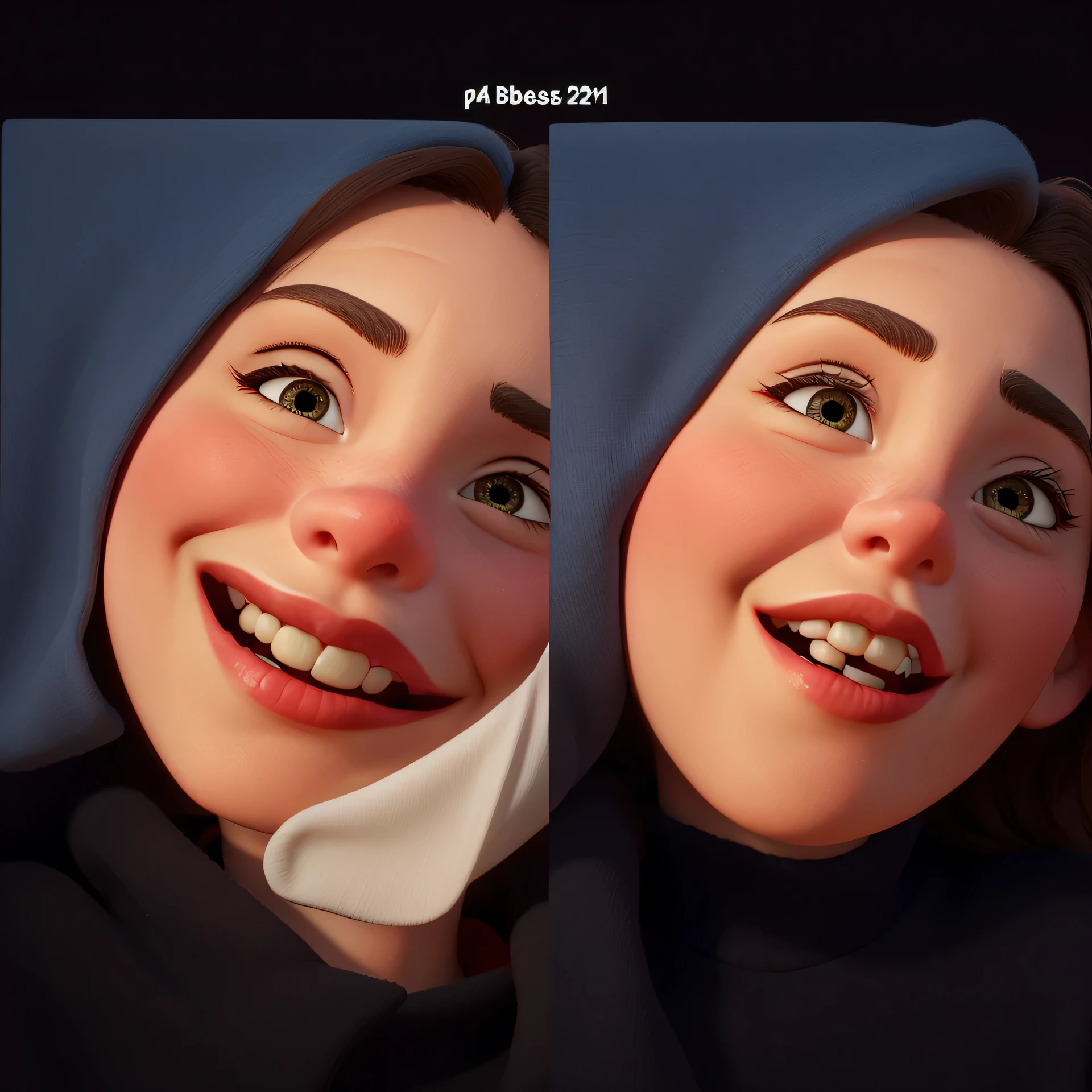 there are two pictures of a woman making a funny face, both have red lips, cheeky smile with red lips, thick red lips, red lips, red mouth, kissing smile, big red lips, tongue out, silly face, red lipstick on face, cute silly face, photoshopped, parted lips, instagram filter, looks like fabiula nascimento, funny faceHD, (Best Detail), (Best Quality), Disney,