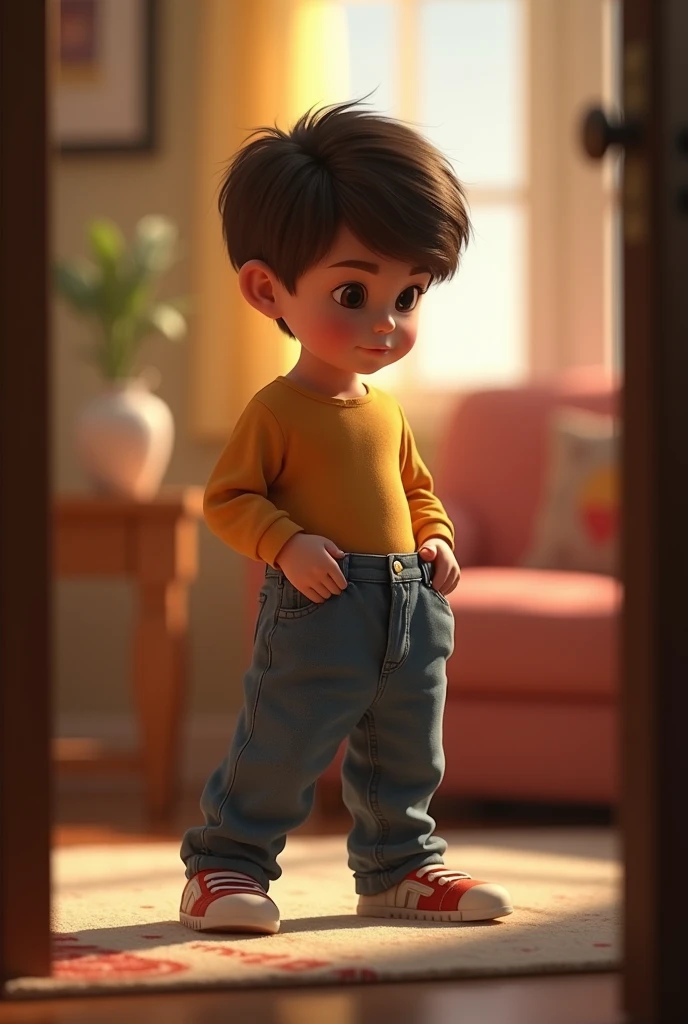 A boy pulling his pants rounder in the room