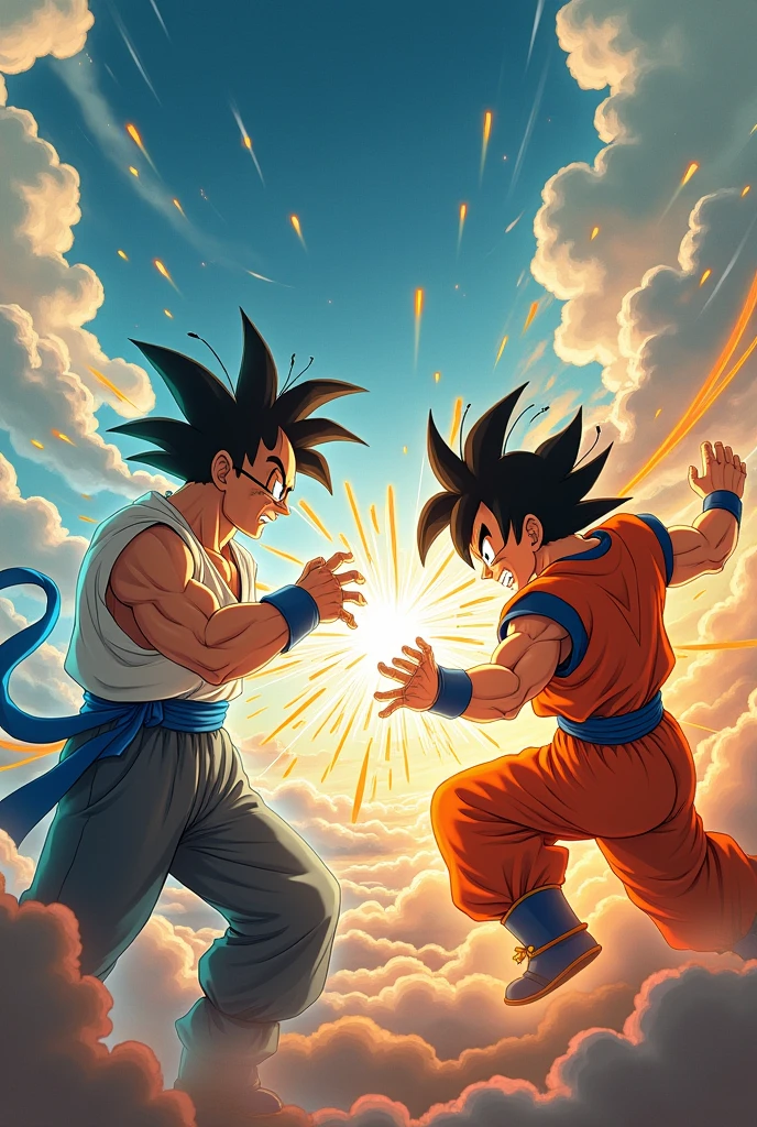 Son goku vs walter white with glasses, in the air