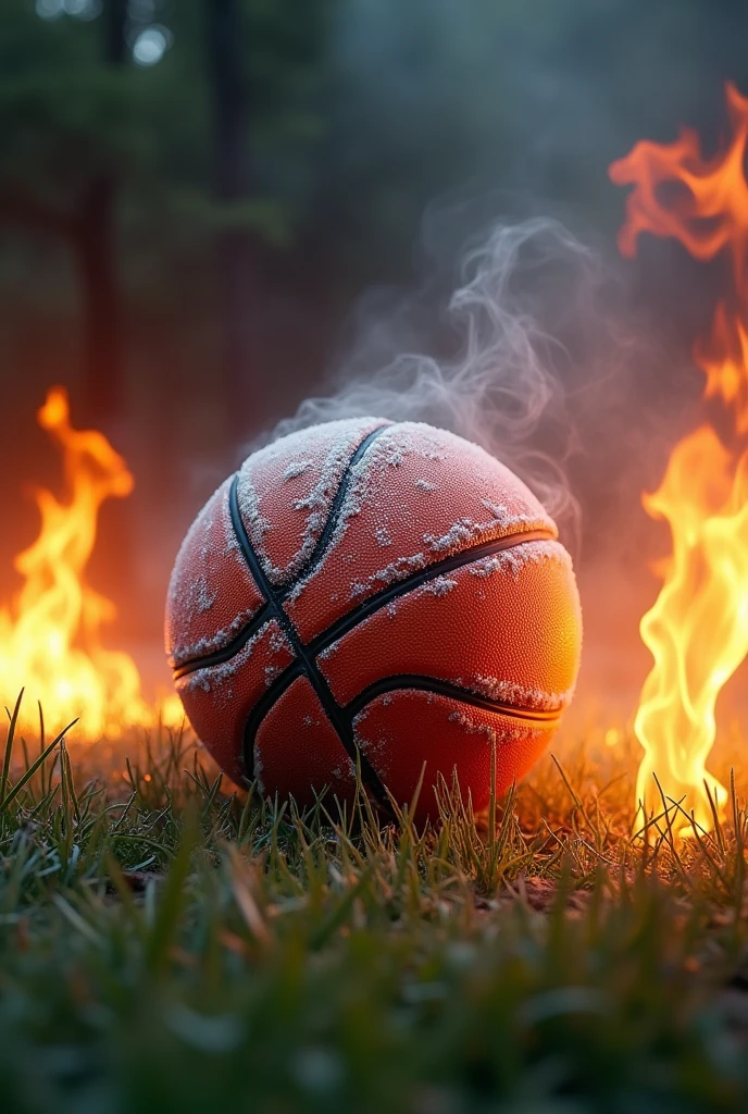 a frozen basketball on a burning lawn
