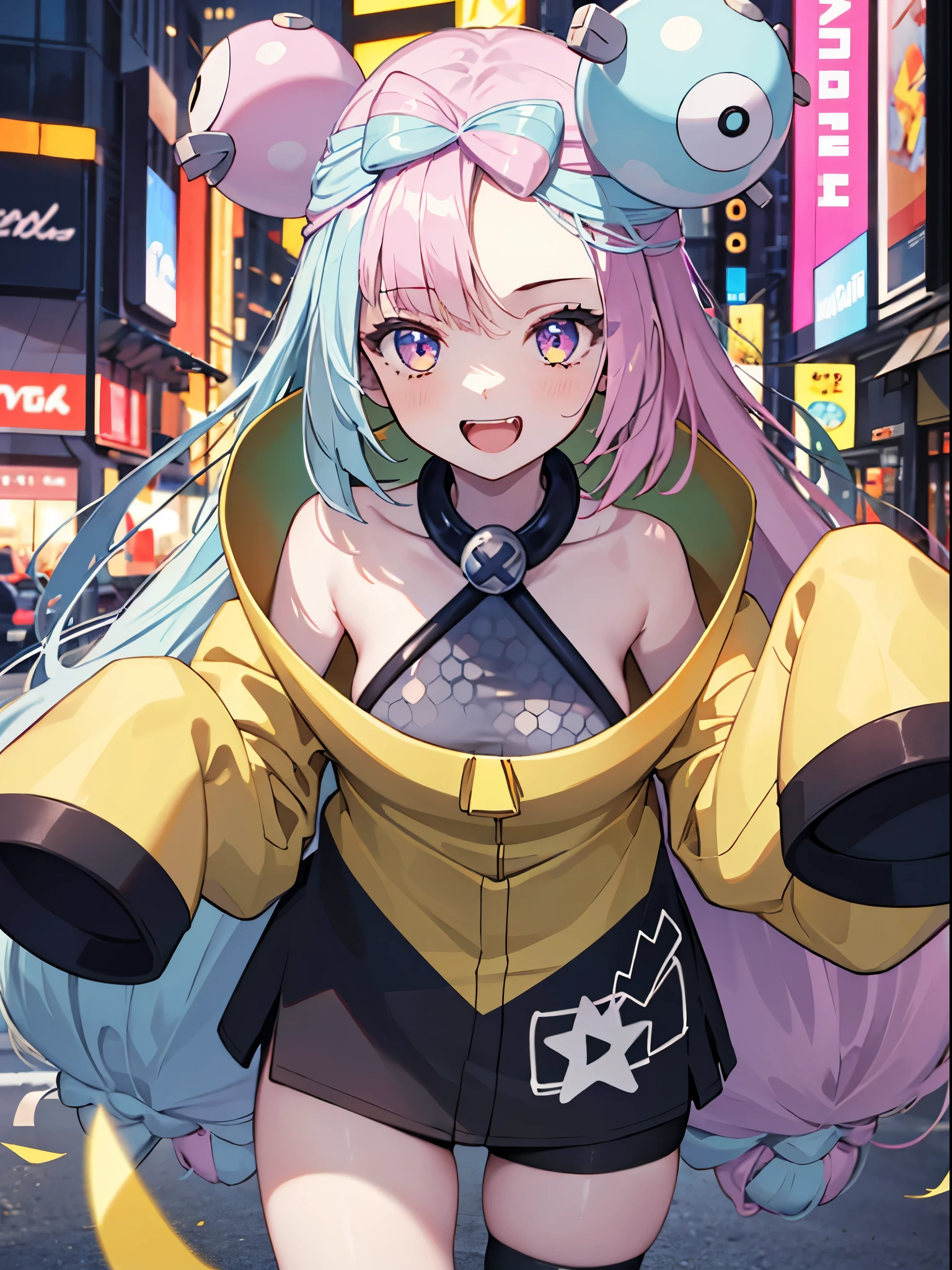 masterpiece, Highest quality, Perfect Face, Highest Resolution, Highest quality,Detailed depiction of the eyes, 8k, One Girl, Long Hair, Yellow Jacket, Long sleeve, hair ornaments, Future City, neon street, laugh