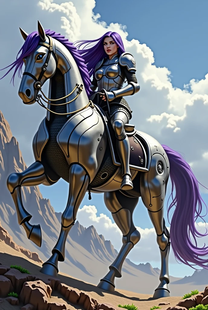 A female knight with long purple hair riding a mechanical horse.、Beautiful and strong、