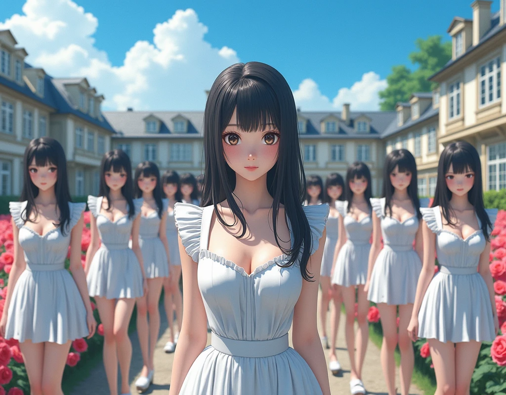(No need to take a close-up of the subject in the center of the front), (Japanese Clone-girls=Myself), (Super Best masterpiece Clone-girls Raw Photography Art), (16K, Highest quality, Ultra-high resolution, RAW Photos), (It's so unrealistic., With unparalleled depiction, With an unfathomable sight, An unprecedented and shocking worldview, Clone-girls: In a world of mass reproduction, Ultra-realistic depiction), (Japanese girls, Sasaki Nozomi, 26yo), (Small face, Glossy dark hair, long hair, Dark Eyes, Mature face, Cute Smile), (A charming smiling face), (Very beautiful and detailed girl, Accurate body structure, Accurate body movements, Very detailed body), (Super big breasts, Large bulge of ample breasts), (orthodox maid clothes, Emphasise the fullness of your breasts), (Very detailed, Myself cloning, Depiction of splitting oneself, 1Myself girl→1,000,000,000,000,000,000,000,000,000,000Myself cloning girls), (Myself clone girlsは, With the same perfect appearance, to multiply in large numbers), (Very detailed depiction, Myself's multiplying female body, In the same female body,With the same face, With the same hairstyle, In the same clothes, At the same height, 同じSuper big breastsで, A completely indistinguishable female body, 1,000,000,000,000,000,000,000,000,000,000 people), (Myself girls only), (1,000,000,000,000,000,000,000,000,000,000Myself girls), European-style building, Vast rose garden, Lily Description, Physical contact, Cute smile, A happy smile, Pleasant blue sky