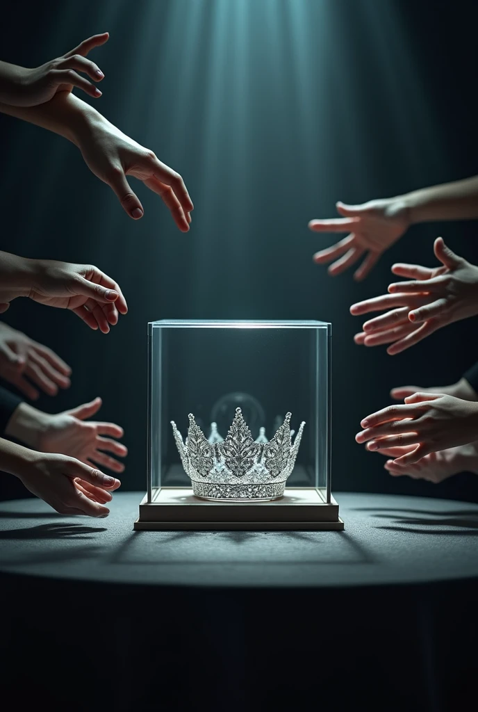 (bookcover) silver wedding crown, Wedding crown in a glass box on the table, dark background, many hands want to grab the wedding crown, perfect hands