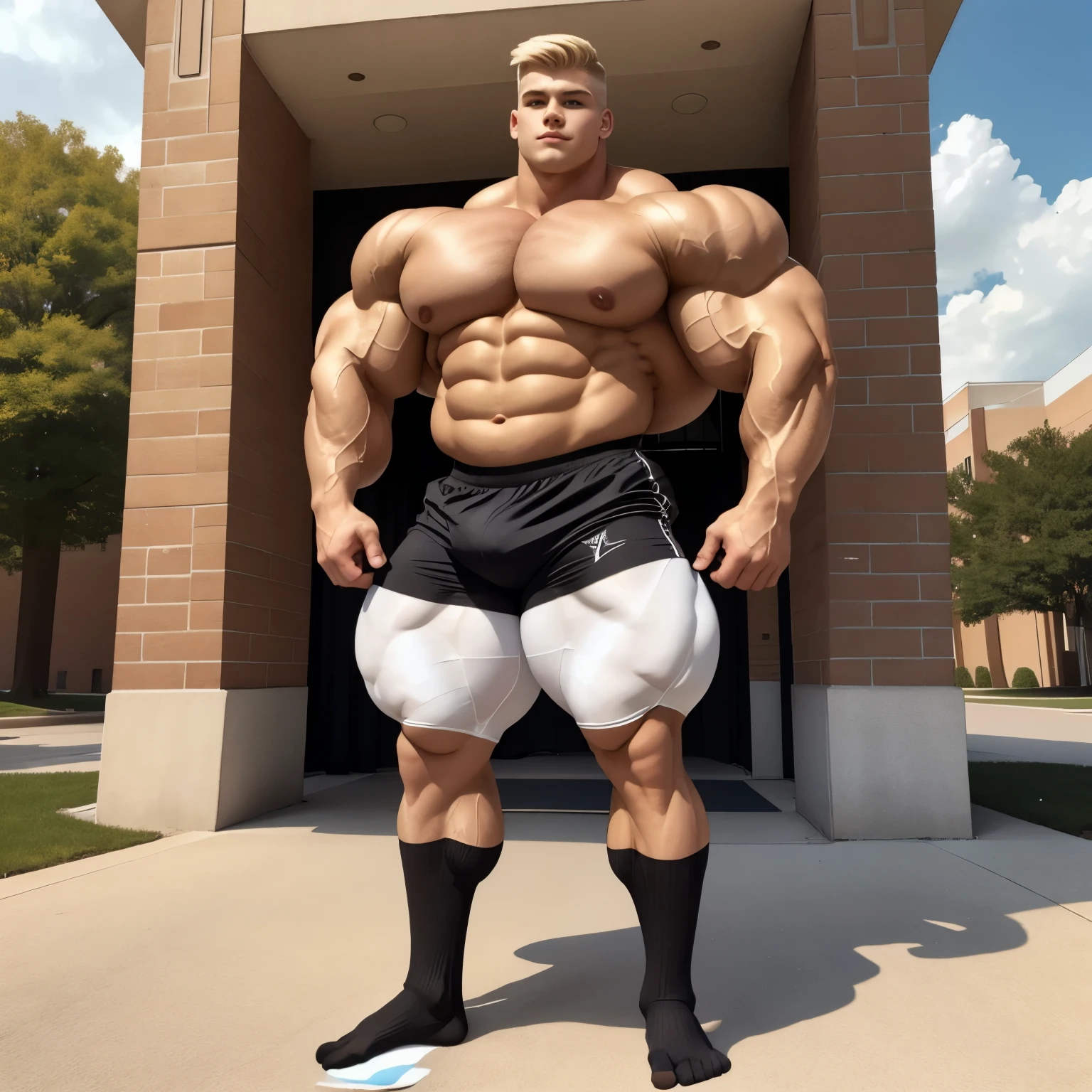full body view, one teen cute white blonde undercut boy model wearing black socks and lycra sport shorts, no shoes, looking like a freaky roidstuffed over-bloated bodybuilder, proudly posing outside, front american college, black socks must be seen