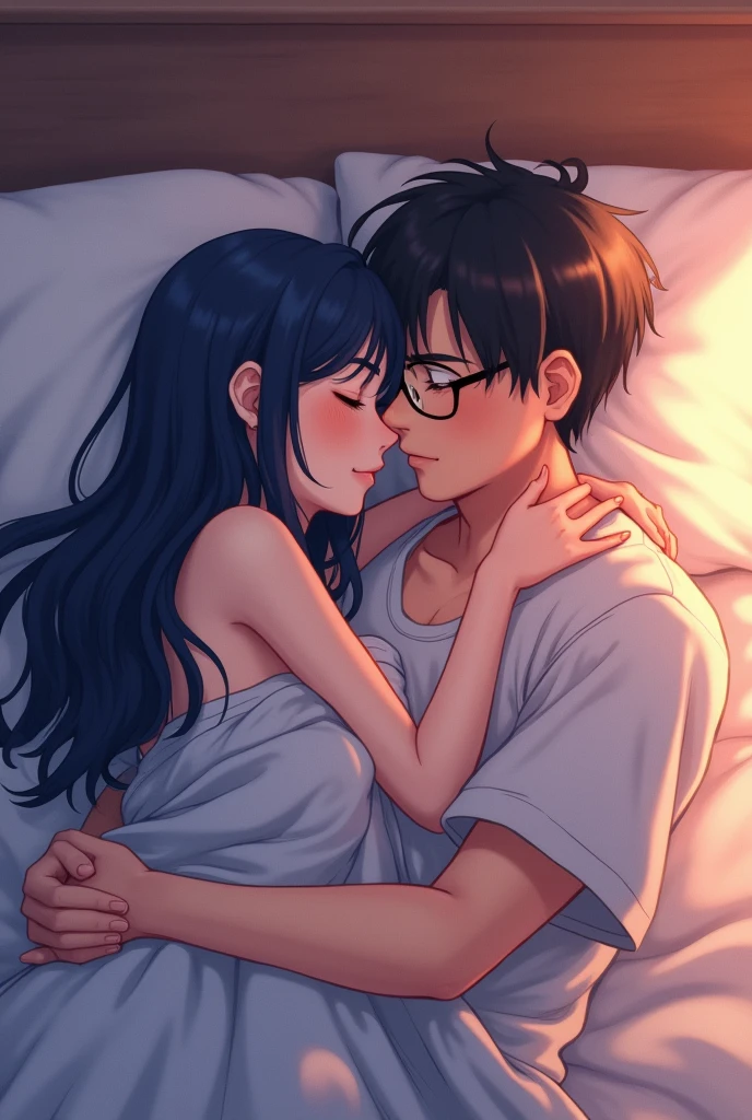 Anime drawing of a woman with long navy blue hair, cuddling in bed with a man with short black hair wearing glasses