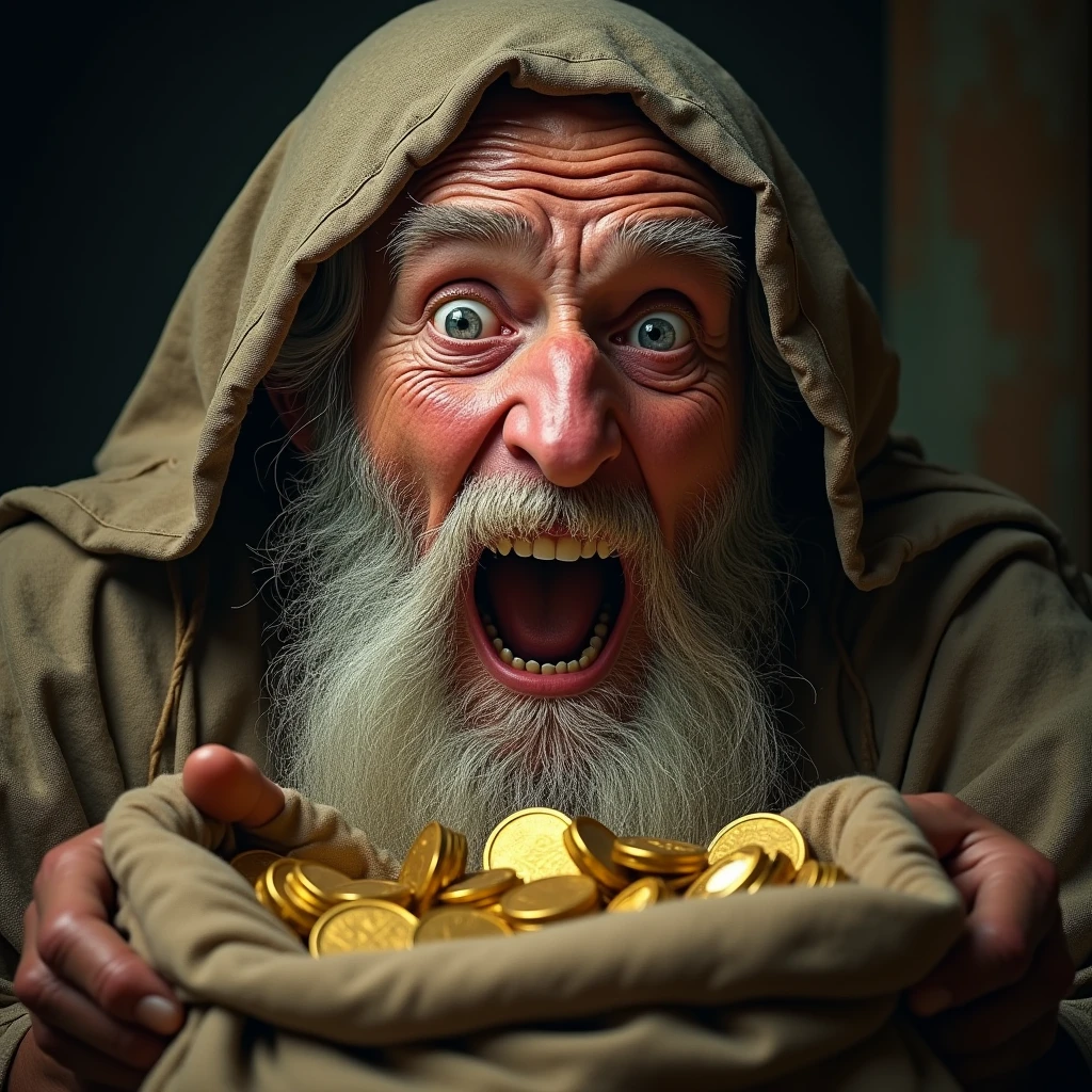 the face of an old, poor man, a ragged beggar with a white beard and old, medieval clothes, looking at a bag of money and gold coins, with an astonished expression with his mouth open, screaming with joy, close up de su cara.