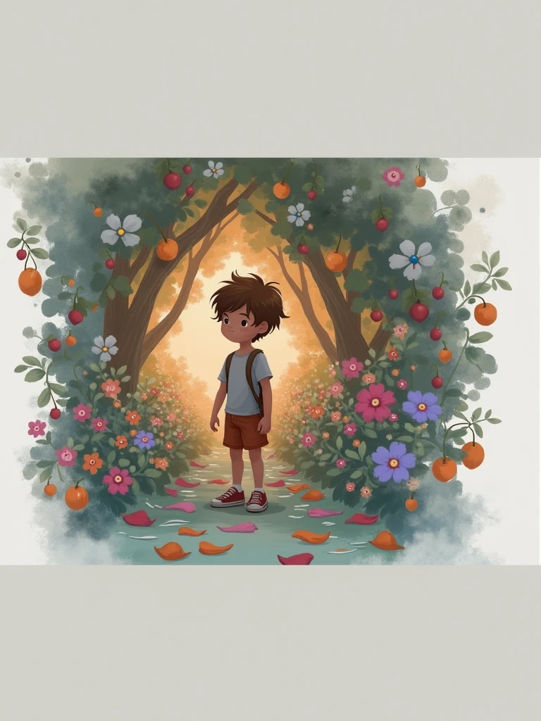 An -year-boy w chocolate hair at his grandfather's house'an orchard , It is surrounded by many flowers.