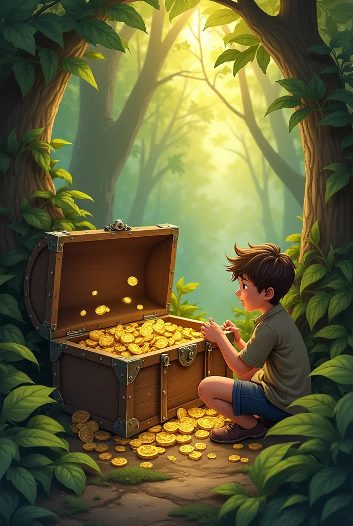  "Illustrate Tom and Huck discovering treasure in an old chest. The chest is open, revealing gold coins, jewels, and antique items inside. Tom and Huck look amazed and delighted. They are sitting on the ground next to the chest in a dense forest, with rays of sunlight filtering through the leaves. The atmosphere is filled with excitement and adventure."