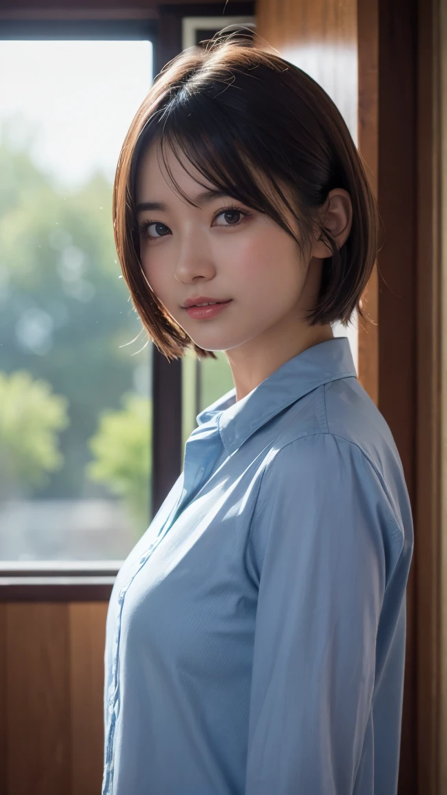 (One girl), (Highest quality), (masterpiece), (High resolution), (Intricate details), (photoRealistic), (Cinematic Light) One girl, short hair, alone, View your viewers, Brown Hair, shirt, Realistic, Upper Body, smile, lips, parted lips, blue shirt, window, Blurred, Red eyes, indoor